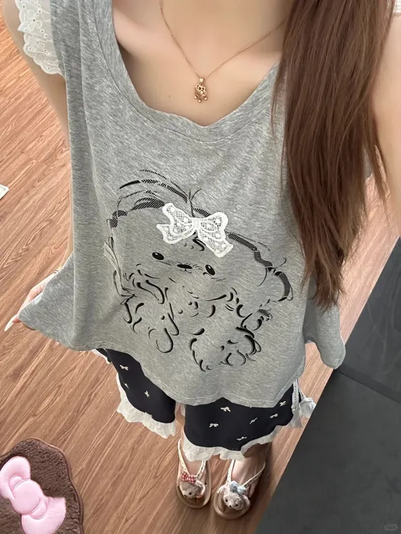 甜美少女蕾丝小狗吊带睡衣女夏季新款背心短裤套装可外穿家居服