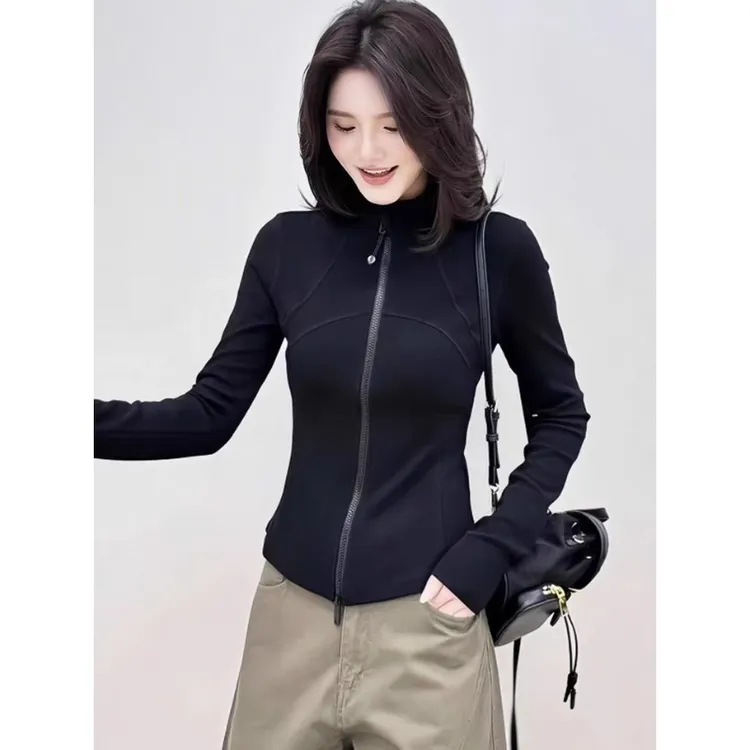 美式双拉链立领卫衣外套女线条修身2025新款秋季时尚洋气短款上衣