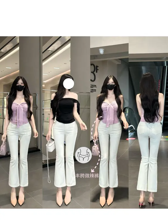 曲线回廊丰胯九分裤~高腰白色提臀纯欲牛仔裤简约御姐微喇叭裤