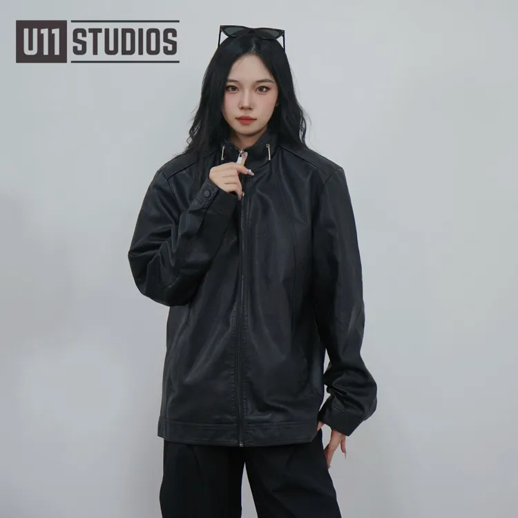 U11studios大码男装美式皮夹克复古秋季防风立领直下摆常规耐磨