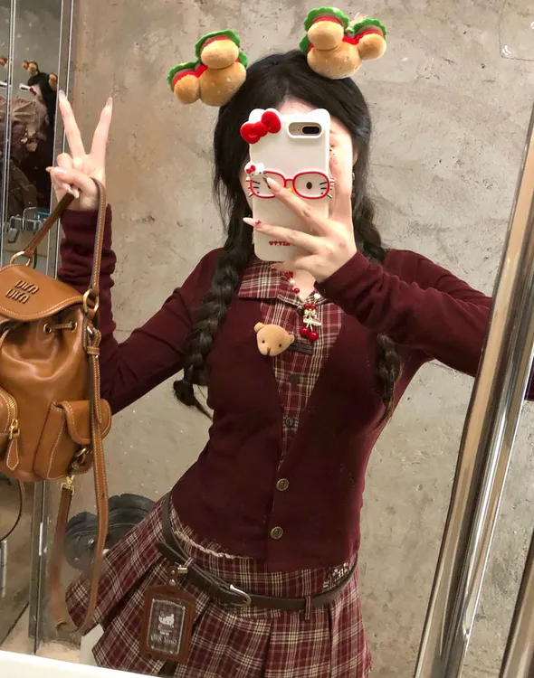 跨年秋冬服装网红时尚复古格拼接假两件上衣红色法式显瘦长袖