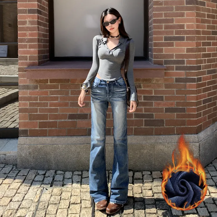 2025显瘦外穿玛莉美式复古水洗毛须加绒加厚窄版弹力直筒牛仔裤女