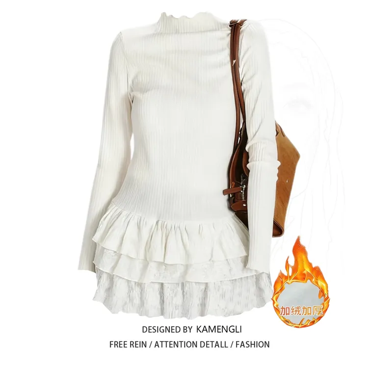 大码胖MM加绒纯欲风半高领内搭打底衫女秋冬拼接蕾丝长袖t恤上衣