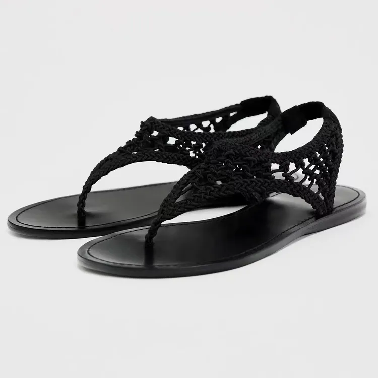 小众夏新款夹脚针织平底一脚蹬凉拖鞋真皮露趾黑色网眼镂空凉鞋女