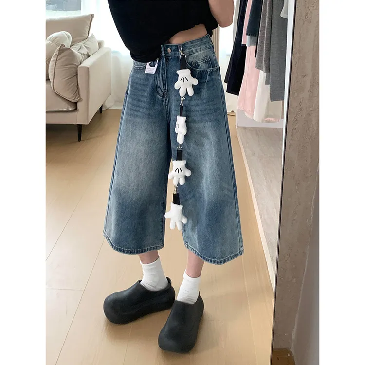 梨型身材蓝色休闲七分牛仔裤女夏季高腰宽松显瘦直筒阔腿八分裤潮