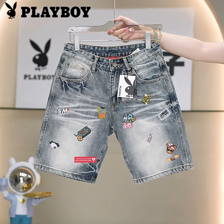 PLAYBOY/花花公子夏季薄款男士卡通动漫印花潮流时尚百搭牛仔短裤