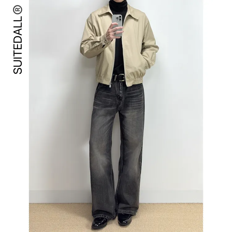 SUITEDALL立体猫须A字直筒水洗黑13.5oz赛络纺百搭休闲宽松牛仔裤