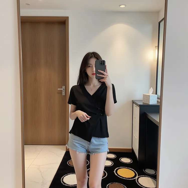新中式中国风女士短袖新款2025爆款时尚洋气不规则T恤通勤打底衫