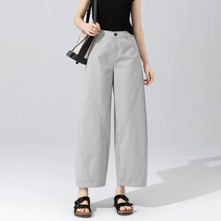女式高端品牌灯笼裤2025夏季新款纯棉浅灰色高级感裤子九分哈伦裤