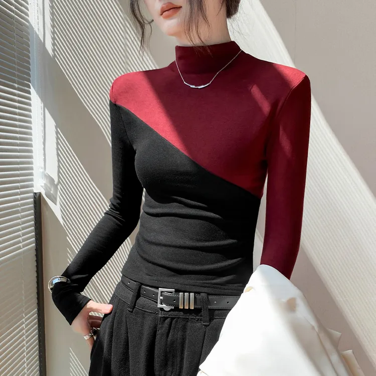半高领加绒打底衫女2025秋冬新款长袖内搭高级感撞色拼接上衣7159