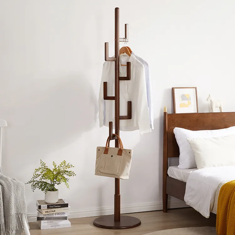 简约实木衣帽架落地家用卧室单杆挂衣架立式圆盘衣服包包挂钩架