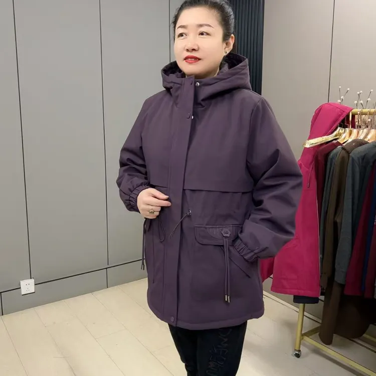 5801梵#大码时尚秋冬中长款加绒加厚连帽保暖洋气外套中老年女装