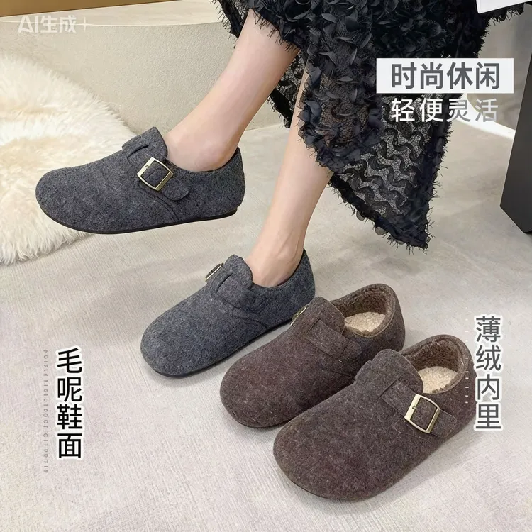 2025春秋新款法式复古外穿圆头毛毡加绒勃肯鞋棉鞋女一脚蹬保暖鞋