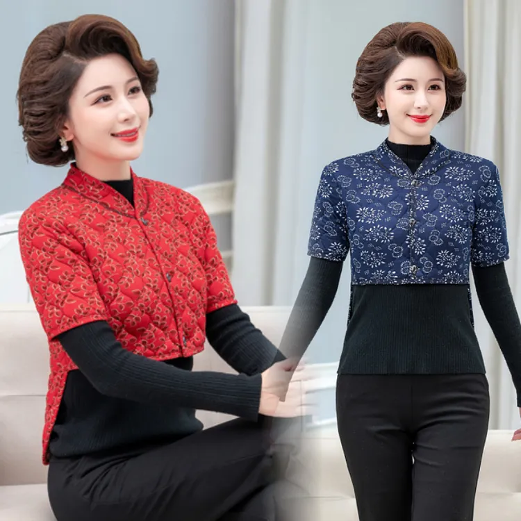 妈妈装短袖小马甲加厚加绒保暖坎肩中老年女装碎花长袖护肩短款