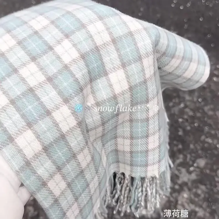 香草薄荷糖~淡绿色复古格纹清新保暖围巾女冬季可爱加厚围脖披肩