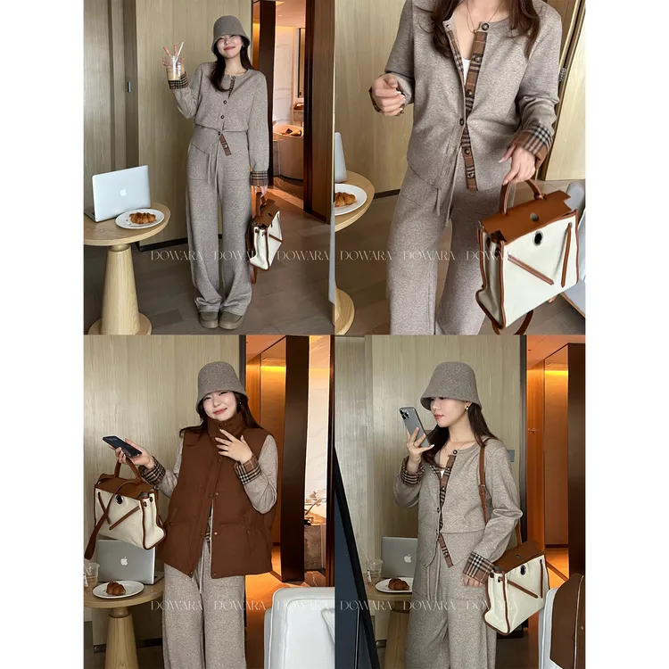 现货大婉酱微胖定制【松弛美学】格纹拼接上衣慵懒风裤子套装 1065D