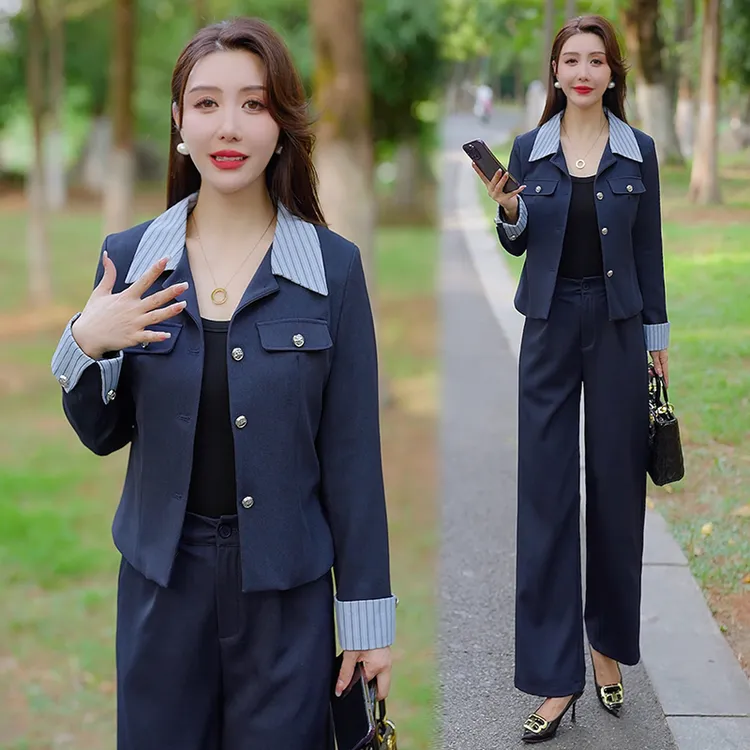 时尚洋气质西装套装女2025秋季新款条纹拼接阔腿裤职业休闲两件套
