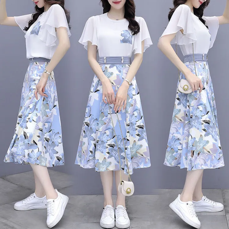 连衣裙套装女2025夏季时尚洋气显瘦流行气质女士碎花半身裙两件套