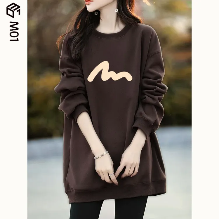 M012025新款咖啡色圆领卫衣女宽松休闲中长款上衣加绒加厚秋冬款