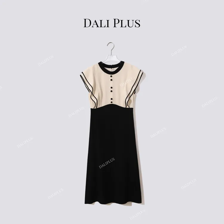 DALI PLUS“小飞袖撞色醋酸鱼尾裙”优雅法式连衣裙-D5LT2203