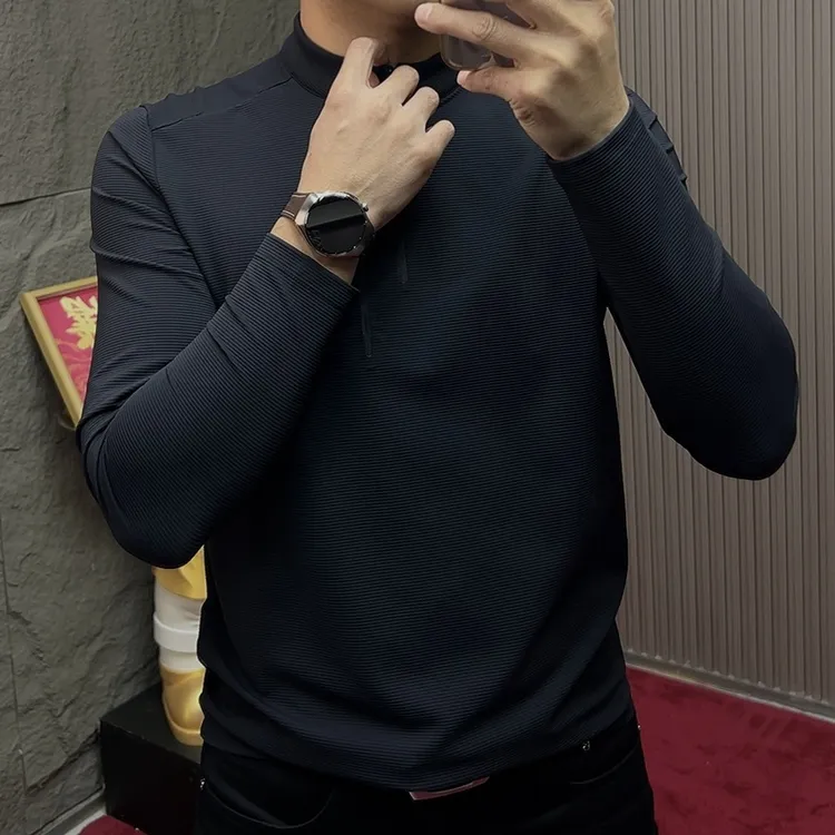 2025-35192秋冬常规款男士运动拉链立领长袖T恤加厚上衣修身秋冬