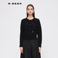 S·DEER圣迪奥【极简都市摩登】小香风长袖短款黑色针织衫S253Z3523