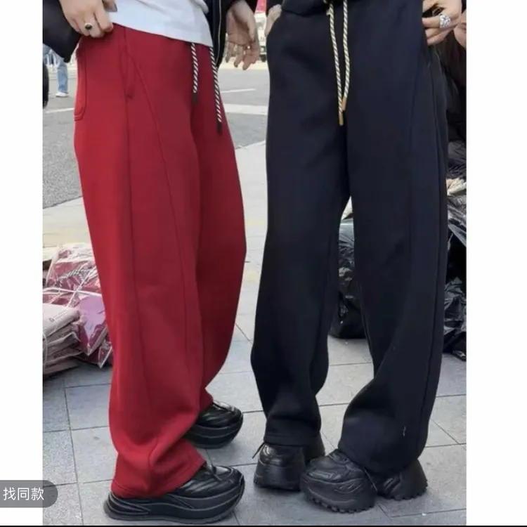 《好运来卫裤》冬季新款258137抽绳高腰拼色直筒裤宽松百搭休闲长裤