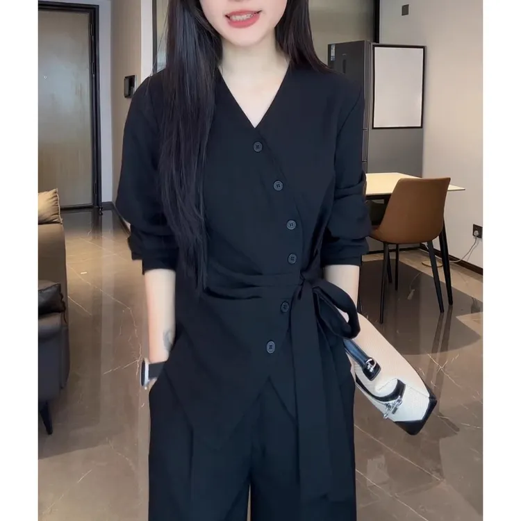 秋季新款洋气纯色显瘦单排扣两件套女日常气质休闲上衣高腰阔腿裤