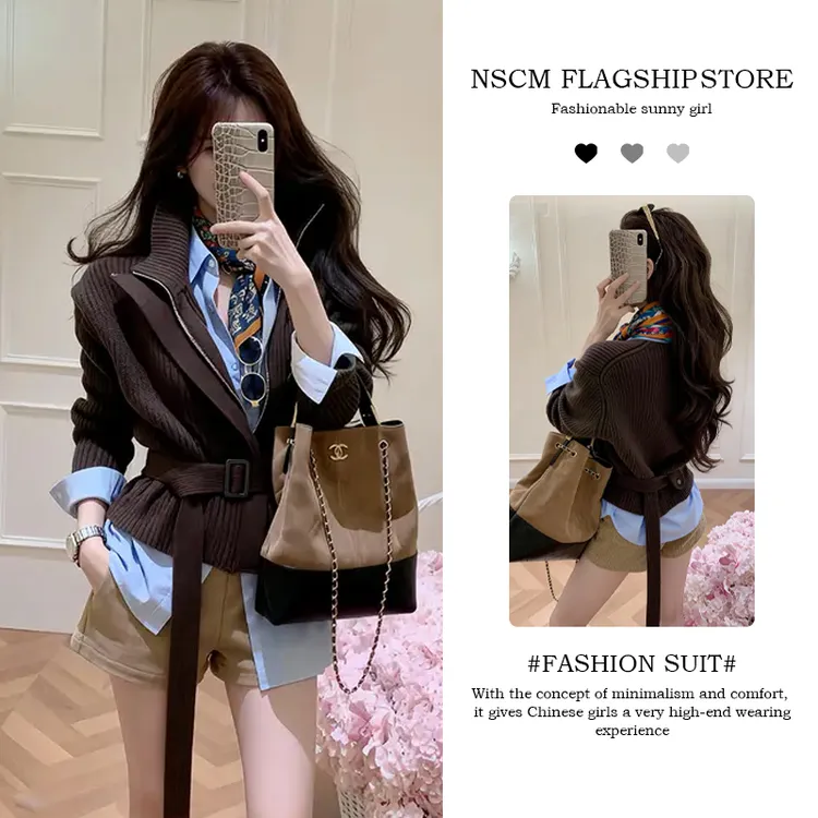 NSCM秋冬新款潮流休闲服韩系绑带立领针织开衫长袖衬衫高腰短裤