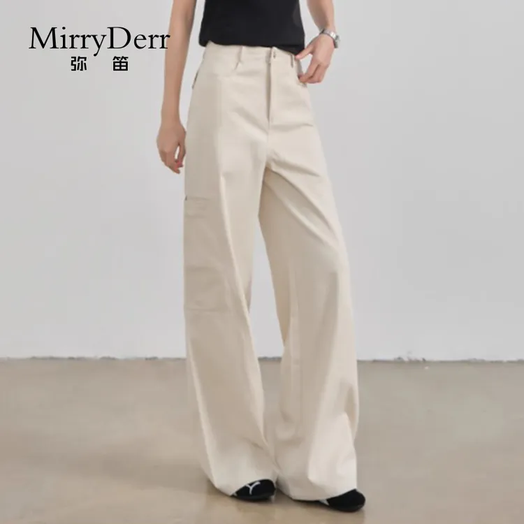 MirryDerr/弥笛米白时尚工装裤女2025夏季新款高腰显瘦休闲阔腿裤