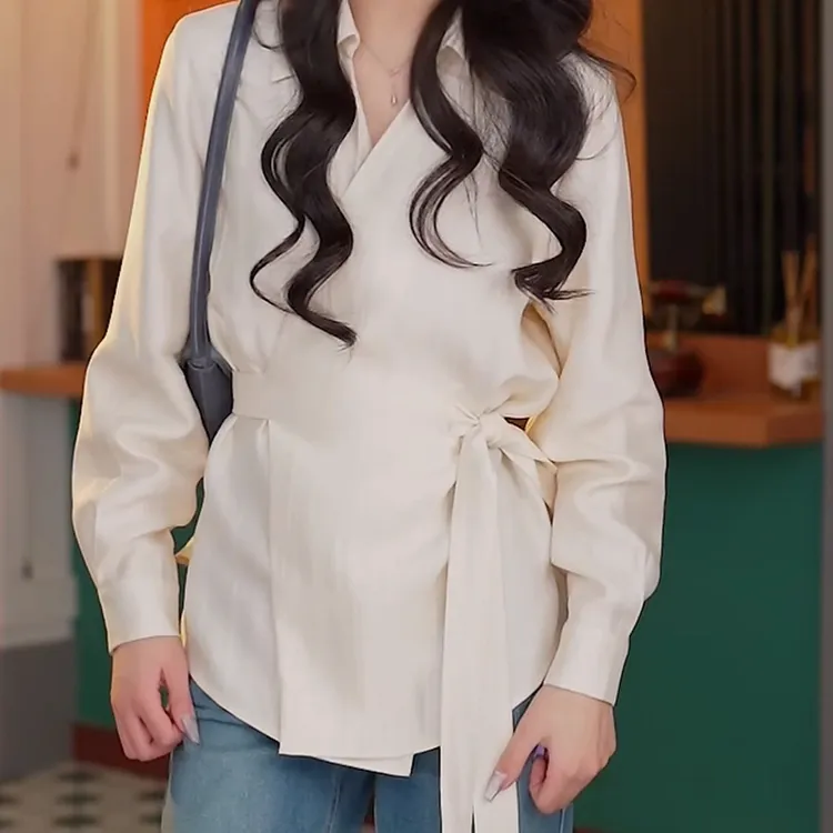 春夏上新气质港风复古纯色设计感衬衫女宽松收腰显瘦衬衣上衣