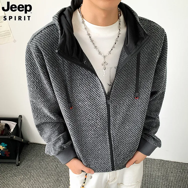 JEEP斜条纹开衫连帽夹克大码男装秋季新款美式重磅纹理感卫衣外套