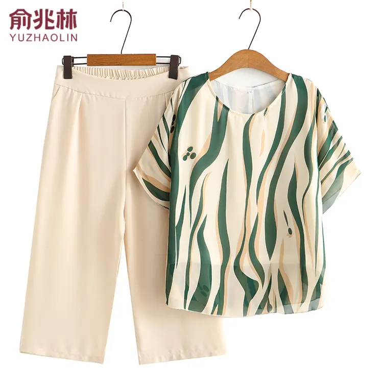 俞兆林中年妈妈夏装套装时尚洋气短袖T恤雪纺上衣女母亲节衣服202