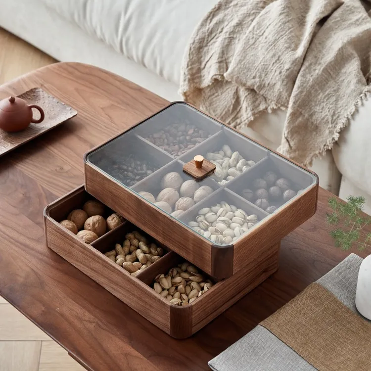 北美黑胡桃木纯玻璃盖四六格干果收纳盒坚果零食糖果新中式收纳盒