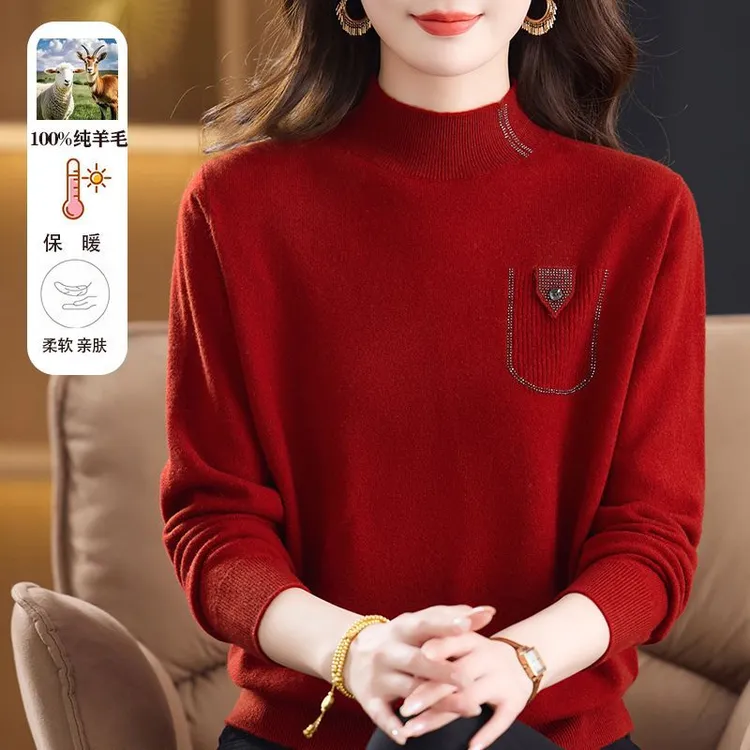 女士高档羊毛衫100%纯羊毛妈妈冬季保暖毛衣中老年针织打底衫红色