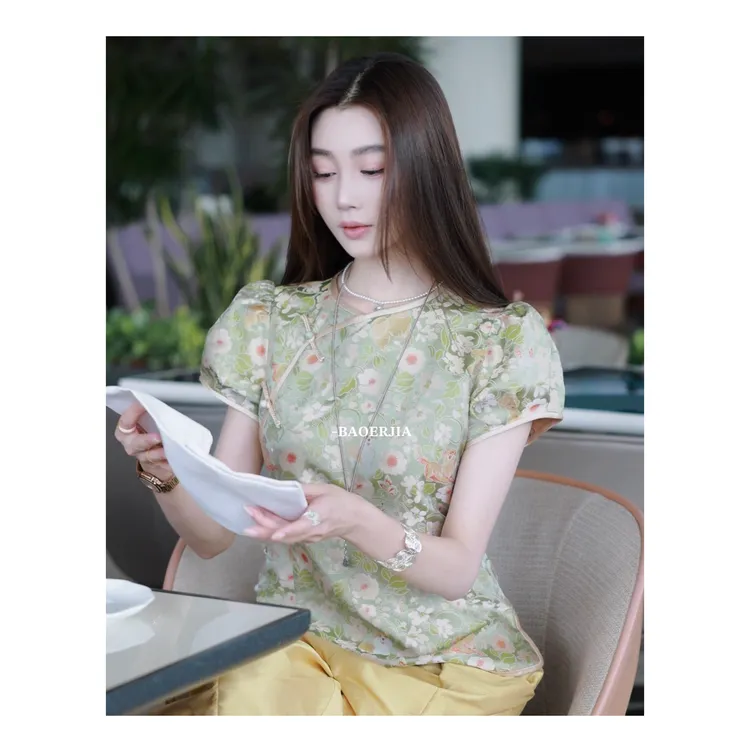 国潮-宝儿家含幂BK101325205夏季新款春日暖阳纹斜襟小天使上衣