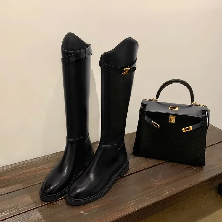 【S茵茵同款】整骨级~加绒斜口凯旋门扣带粗跟高筒骑士靴女长靴新款