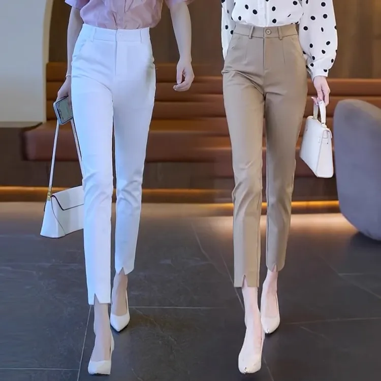 拉夏贝尔 开叉西装裤女2025夏季新款高腰显瘦藏蓝职业小脚九分裤