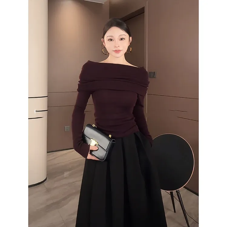 绘衣 Nlines紫色一字肩针织高级显瘦打底上衣女春秋冬修身针织衫