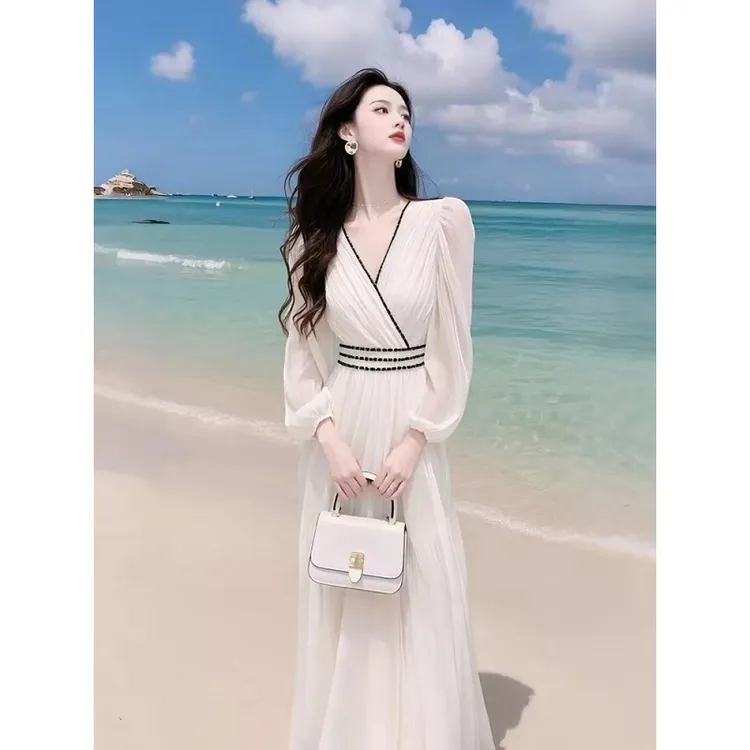 小香风白色雪纺连衣裙2025早春海边度假风法式仙仙女收腰长裙子