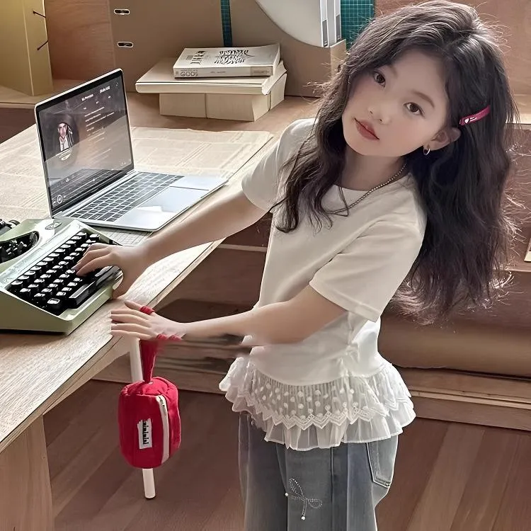 女童夏季蕾丝花边拼接短袖2025儿童韩版洋气休闲百搭T恤修身款潮