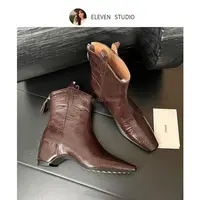 【月月专属】秋冬西部复古方头坡跟中筒靴女 5CM/柚米