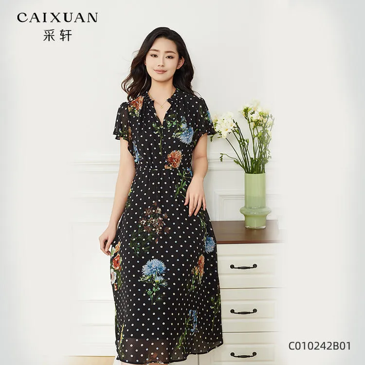  C010242B01CAIXUAN采轩女夏时髦印花波点长款连衣裙