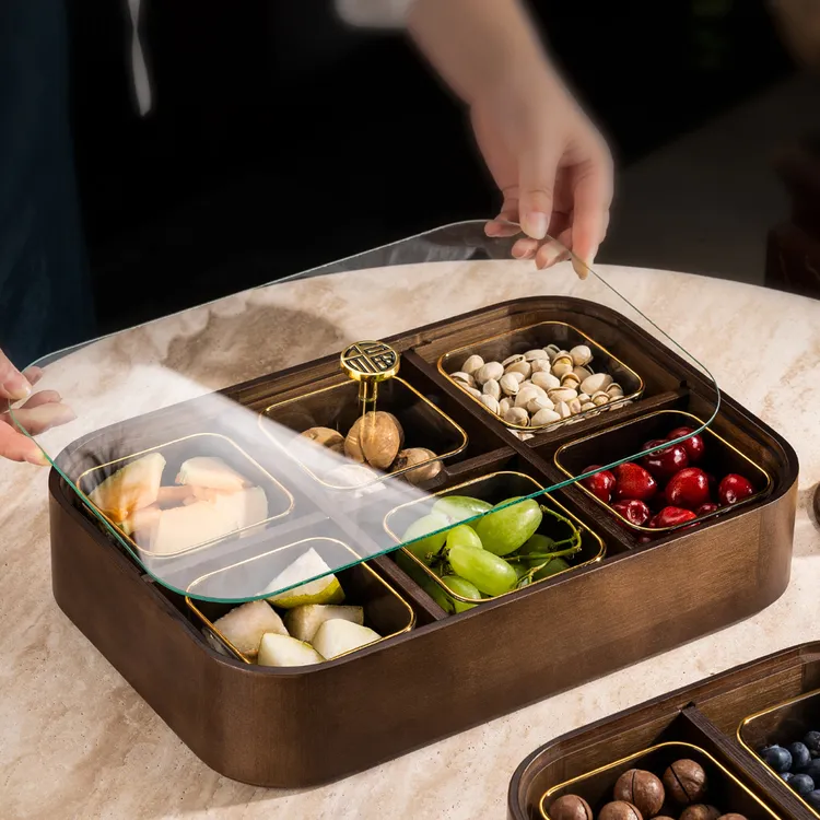 实木分格干果盒家用客厅茶几新中式瓜子零食收纳盒坚果盘轻奢高档