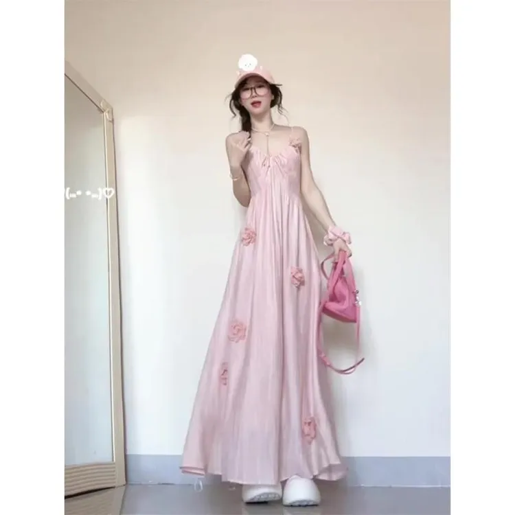 法式粉色v领花朵吊带连衣裙女夏季绝美海边度假沙滩裙长裙子