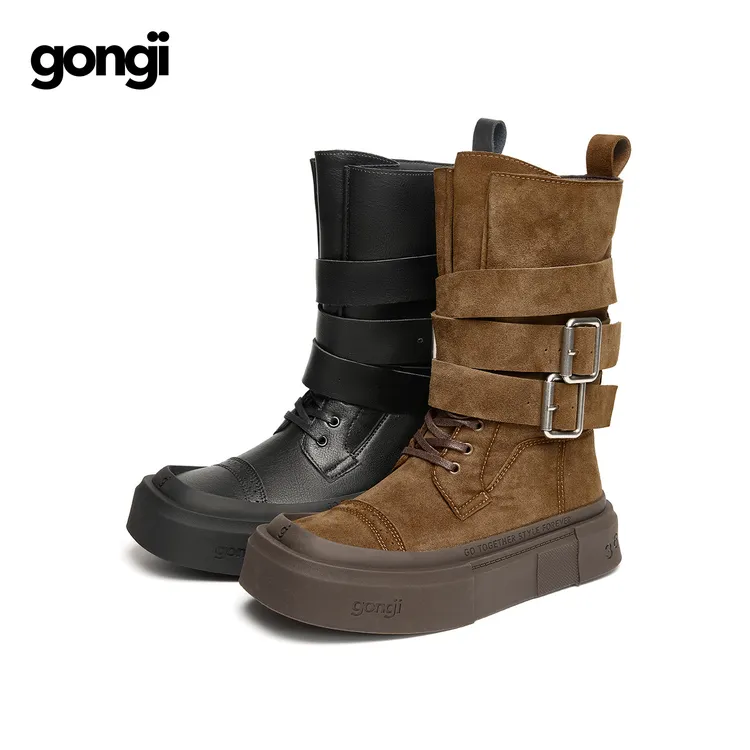 GONGJI西部废土机车靴秋季复古百搭时装中筒靴厚底增高骑士靴DR