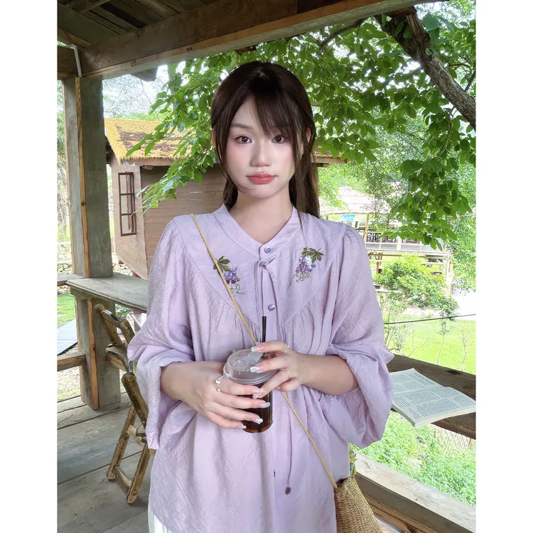 月半鱼【紫琉璃】刺绣新中式紫色衬衫女夏季宽松系带薄款上衣