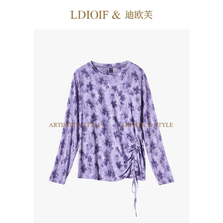 AN女装|定制蝶影晕染印花/冰丝网纱圆领收褶打底衫上衣#QSY18579