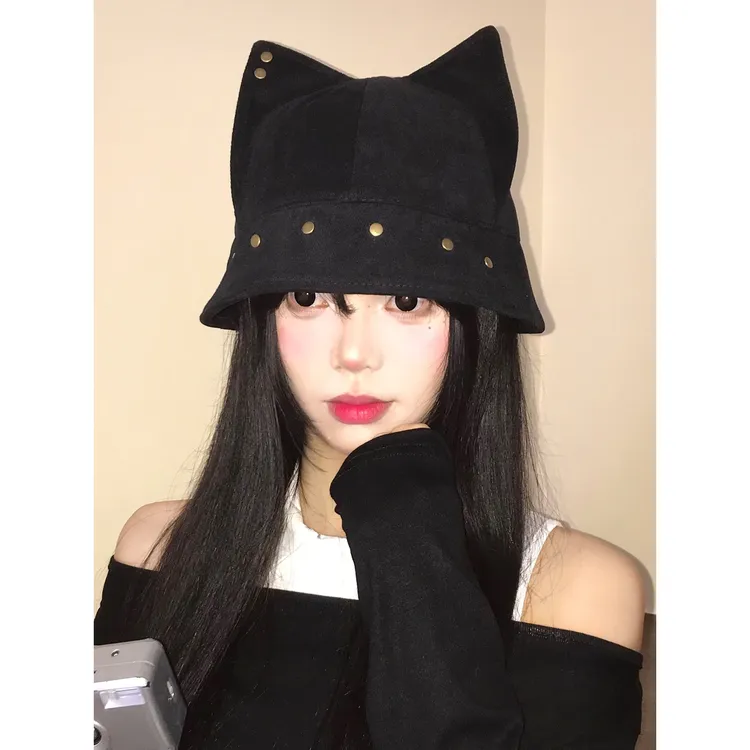 猫耳朵铆钉渔夫帽女日系百搭大头围显脸小水桶帽小众个性可爱帽子