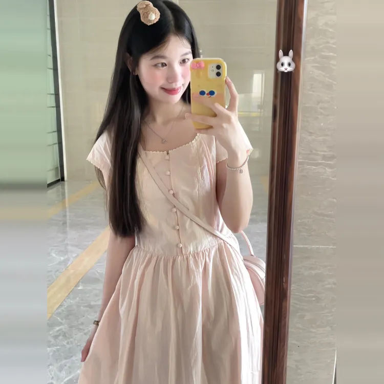 【现货+运补】粉色方领连衣裙设计感小众收腰显瘦长裙5300